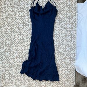 NWT! Skylar + Madison Navy Blue Ruched Ruffled Cheetah Slip Dress, Size Large